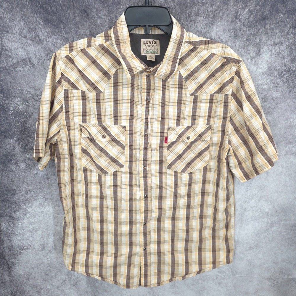 Levis Western Shirt Mens Large Yellow Plaid Pearl Snap Cowboy Rodeo Vaquero